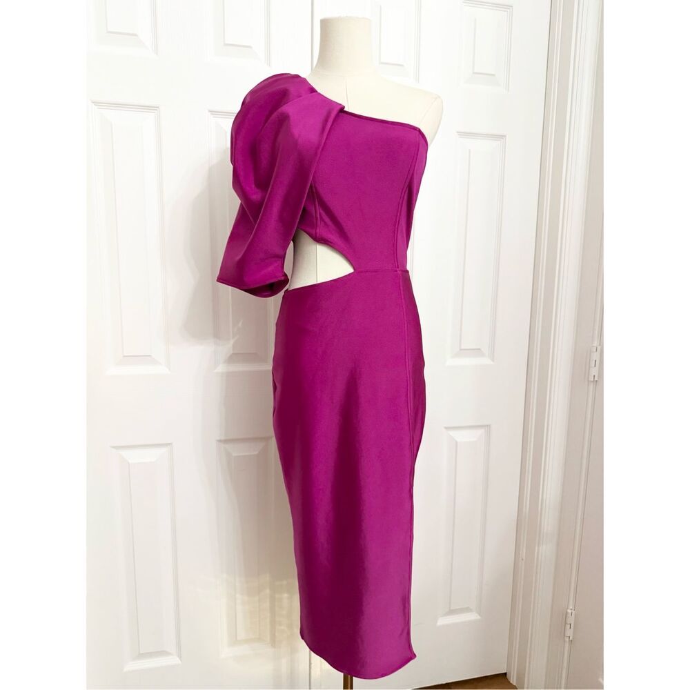 Zen Purple One Puff Statement Shoulder Sleeve Cutout Midi Dress Size XS